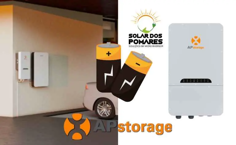 A imagem apresenta o sistema de armazenamento de energia APstorage, enfatizando soluções sustentáveis de energia. À esquerda, mostra uma garagem com o sistema APstorage instalado na parede, próximo a um carro elétrico, simbolizando a integração de energia renovável no uso diário. À direita, há uma representação gráfica do produto APstorage, um inversor de cor branca com o logotipo da marca. No centro inferior e no canto superior esquerdo, o logotipo do APstorage é claramente visível, associado ao texto "Solar dos Pomares", indicando parceria ou fornecimento. A imagem transmite a ideia de energia limpa, armazenamento eficiente e mobilidade elétrica, alinhando-se com a sustentabilidade e inovação tecnológica.