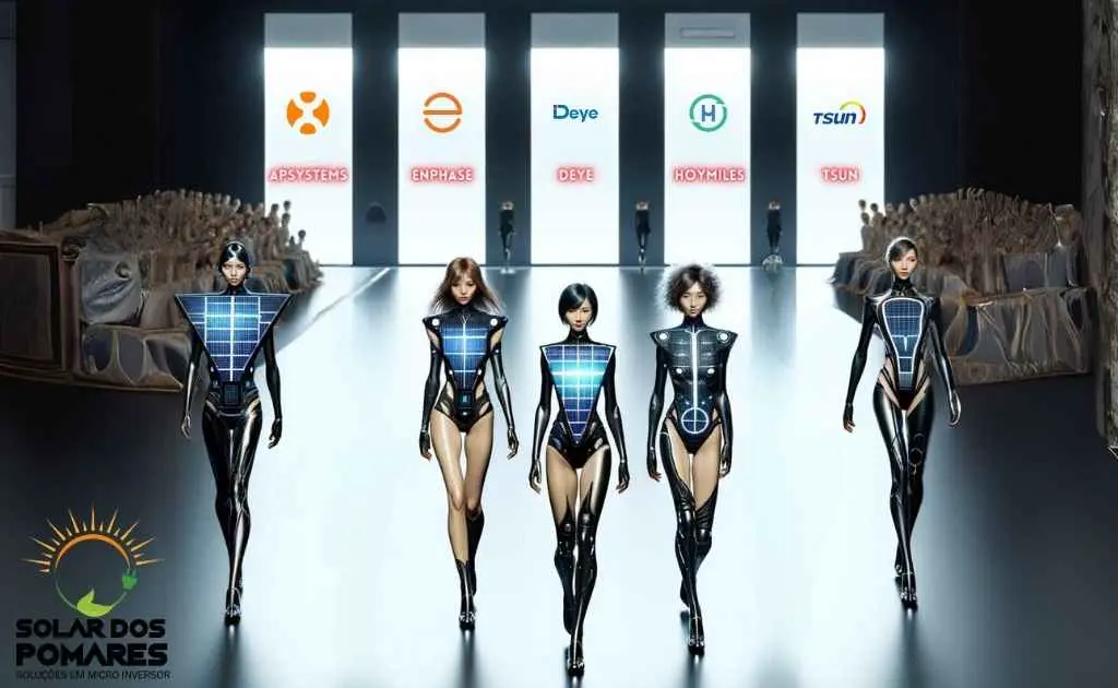 Desfile numa passarela com as 5 fabricantes líderes de microinversores e uma plateia presenciando