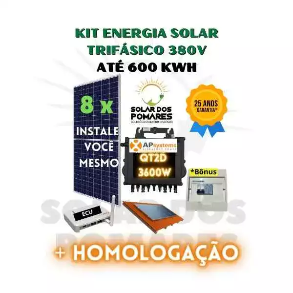 Kit completo Apsystems QT2D 3600w trifásico 380v placas estrutura telhado e monitoramento