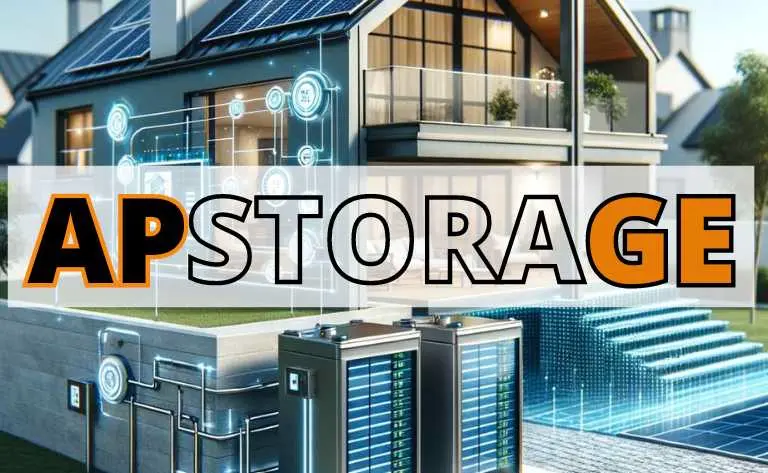 A imagem mostra uma casa moderna equipada com tecnologia solar avançada. O telhado da residência é coberto por painéis solares que captam energia solar. Ao lado da casa, há um banco de baterias futuristas, destacando-se por seu design inovador com indicadores LED e uma interface digital. A cena exibe um sistema de gerenciamento e armazenamento de energia solar, simbolizado por ícones holográficos de tecnologia, enfatizando a eficiência e a sustentabilidade energética. A casa representa um modelo de vida autossustentável e moderno, integrado com soluções de armazenamento de energia avançadas, como o APstorage, realçando a autonomia energética residencial.