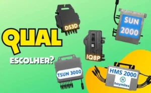 Comparação de microinversor solar, para escolha informada, apresentada em fundo verde com texto 'Qual Escolher?'