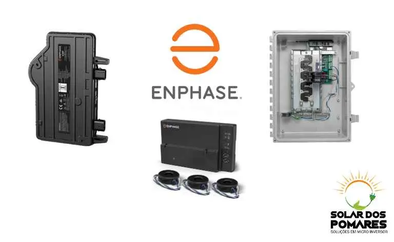 A imagem mostra equipamentos de um sistema de microinversor solar off-grid Enphase: à esquerda, um microinversor preto; no centro, o logotipo laranja da Enphase; à direita, uma caixa de junção com componentes internos visíveis. Abaixo, três sensores de monitoramento. No canto inferior direito, o logotipo da Solar dos Pomares, simbolizando soluções em microinversores.