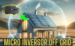A imagem ilustra uma casa moderna com painéis solares no telhado, representando um sistema de energia solar off-grid. Há uma esfera semi-transparente envolvendo a casa, simbolizando proteção ou eficiência energética. No canto superior esquerdo, um microinversor é destacado dentro de um círculo amarelo com uma seta verde apontando para os painéis solares, indicando sua conexão ao sistema. Abaixo, o texto "MICRO INVERSOR OFF GRID" em letras grandes e visíveis, ressaltando o foco do sistema em energia solar autônoma.