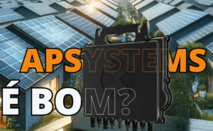 A imagem apresenta um cenário de energia solar com painéis solares em primeiro plano e casas com telhados equipados com mais painéis solares ao fundo, sob um céu azul claro. No centro, destaca-se um microinversor APsystems preto em grande escala, com conexões visíveis na parte inferior. Sobre o microinversor, em letras grandes e impactantes de cor laranja, lê-se a pergunta "APSYSTEMS É BOM?". A composição visa questionar a qualidade e a eficiência dos microinversores APsystems, aludindo à sua aplicação em ambientes residenciais com energia solar.