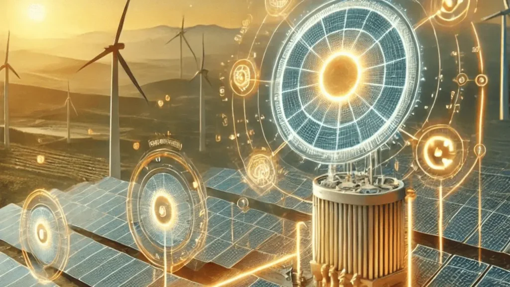 Sistema completo fotovoltaico de Solo com painéis solares e inversor, mostrando a inversão do fluxo na energia solar saindo dos painéis e retornando à rede elétrica em dias de alta produção.